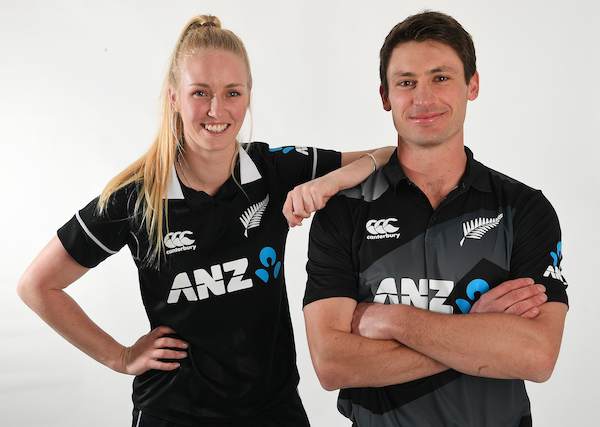 Hannah Rowe and Will Young.
Commercial photo shoot with the Black Caps and White Ferns cricket teams in Auckland, New Zealand. Monday 31 August 2020. © Copyright Photo: Andrew Cornaga / www.photosport.nz