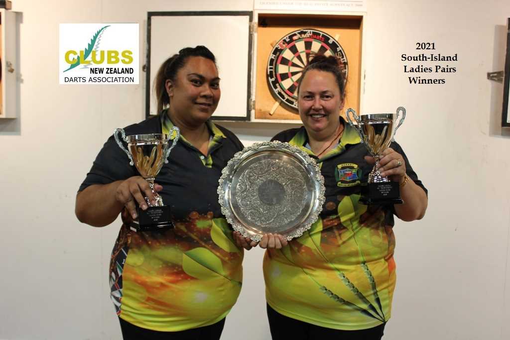 Raewyn Edwards & Maata Atkins, Hornby Workingman's Club. 2021 Clubs New Zealand Darts South Island Championship Ladies Pairs Winners.