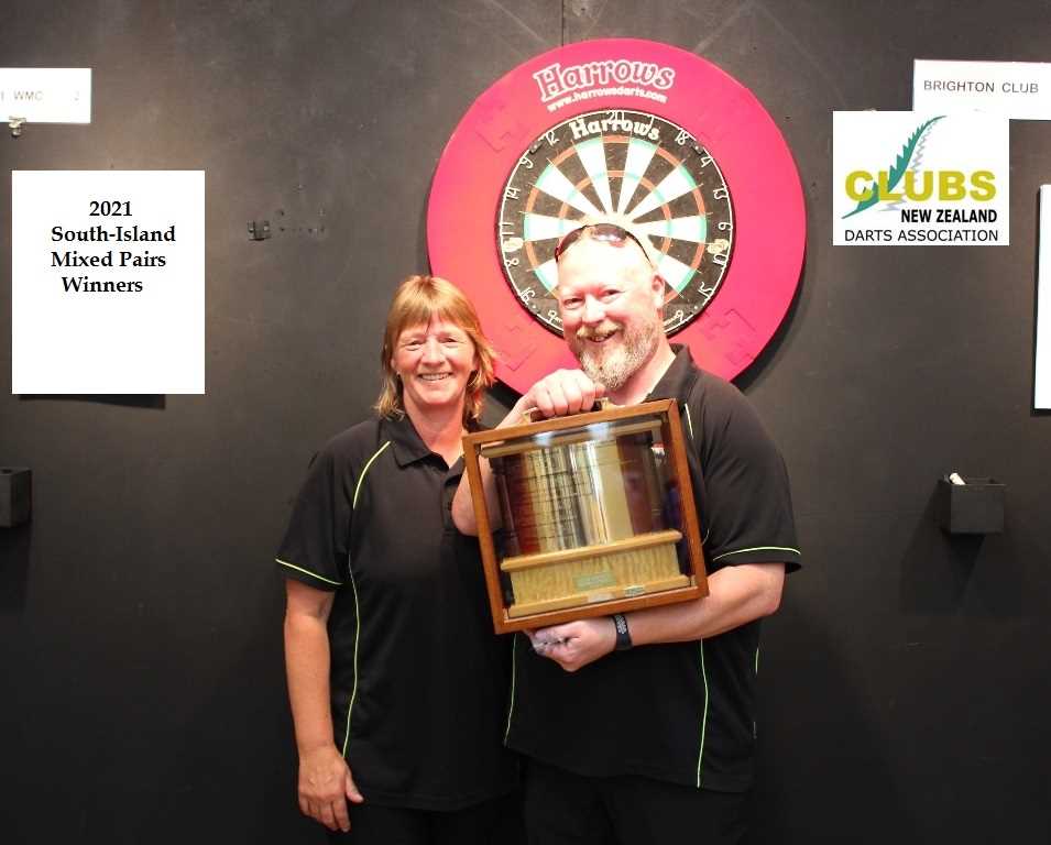 Julie Scoullar & Stan Westwood, Brighton Club. 2021 Clubs New Zealand Darts, South Island Championship, Mixed Pairs Winner.