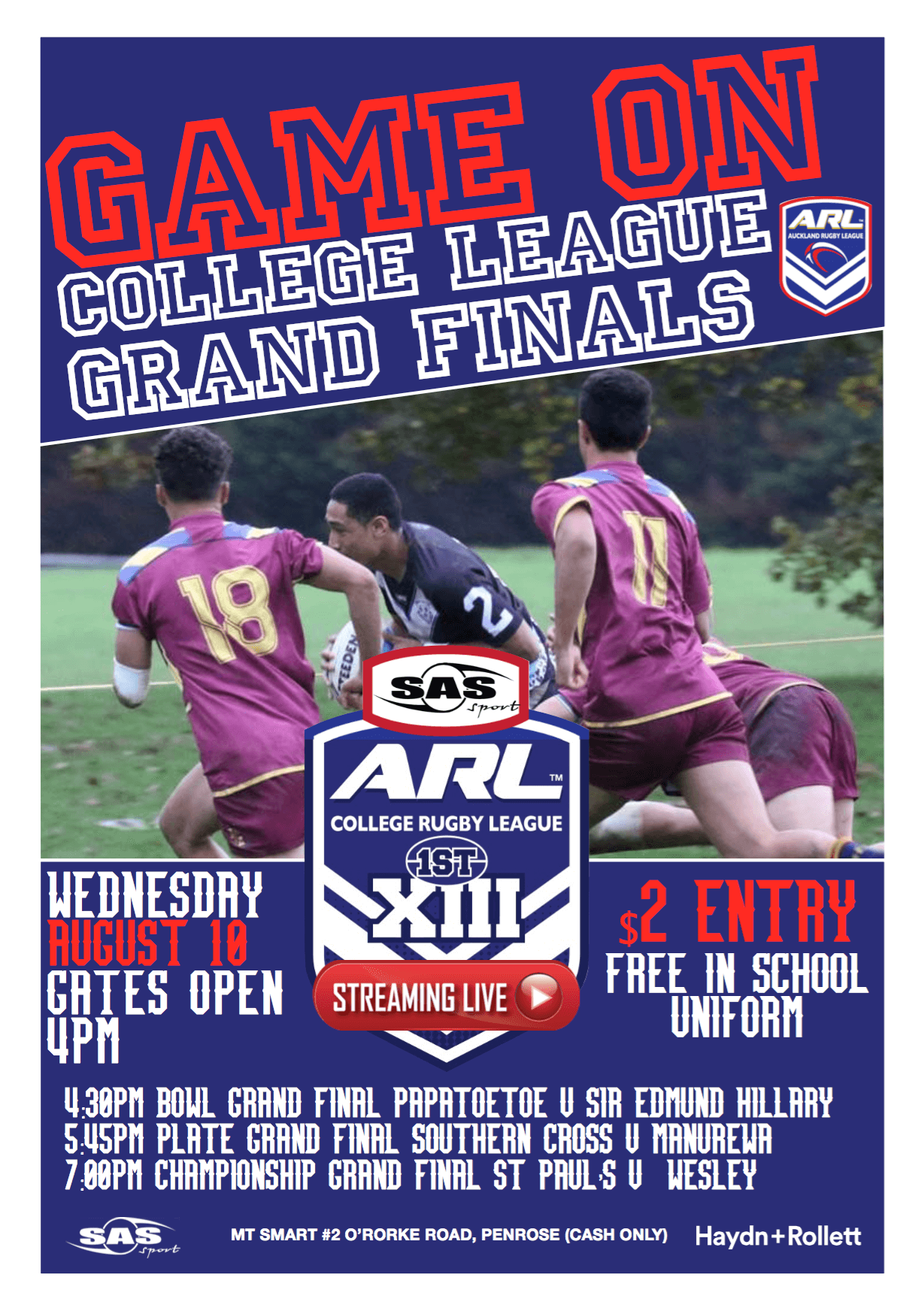 WATCH LIVE SAS College Rugby League grand finals