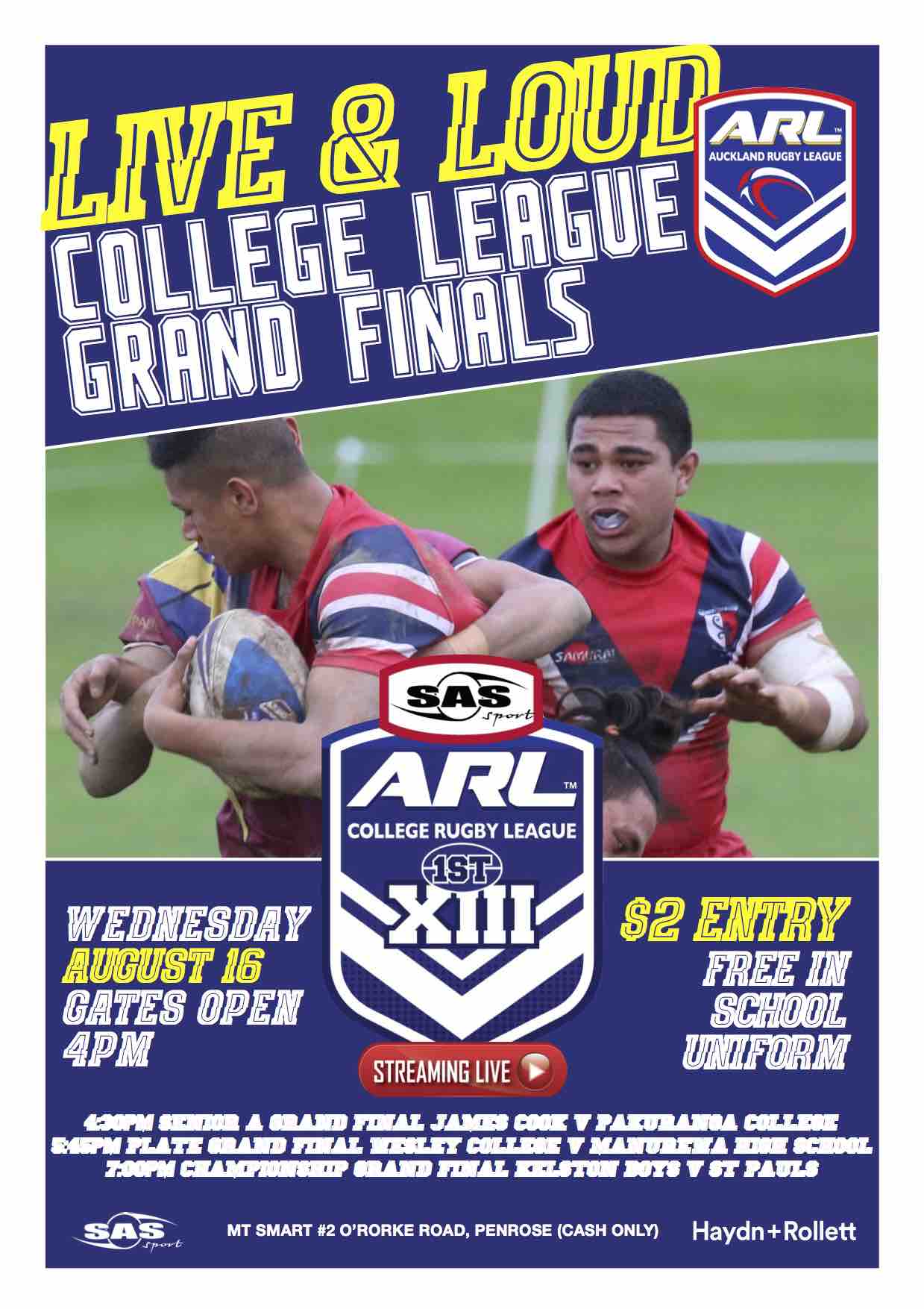 2017 SAS College Rugby League grand finals schedule and live stream