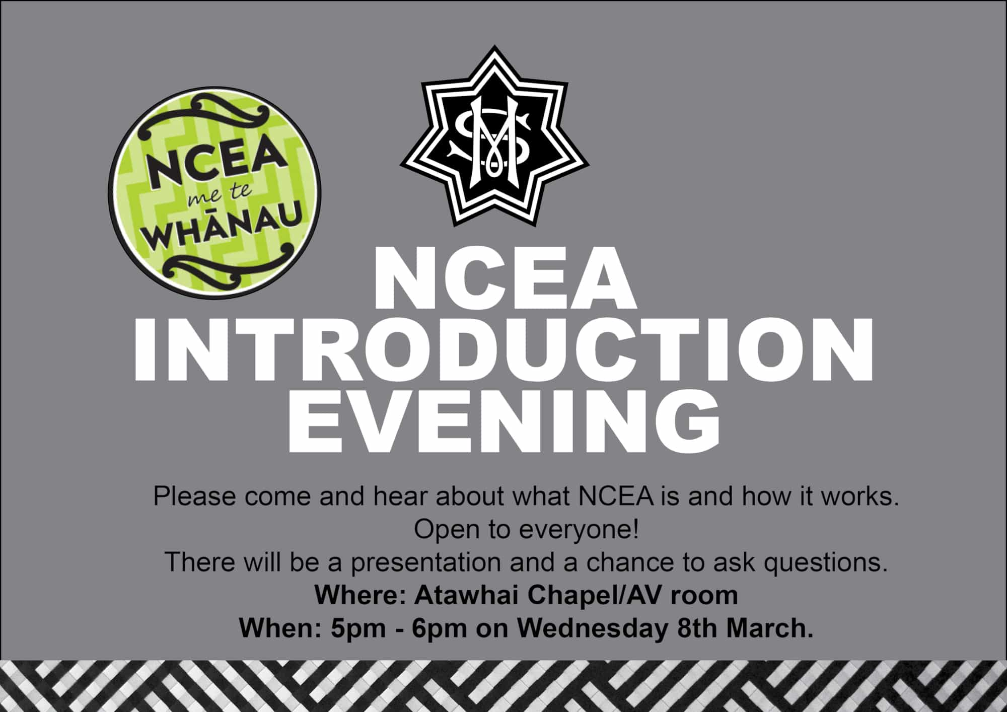 NCEA Information Evening 5pm 6pm on Wednesday 8th March