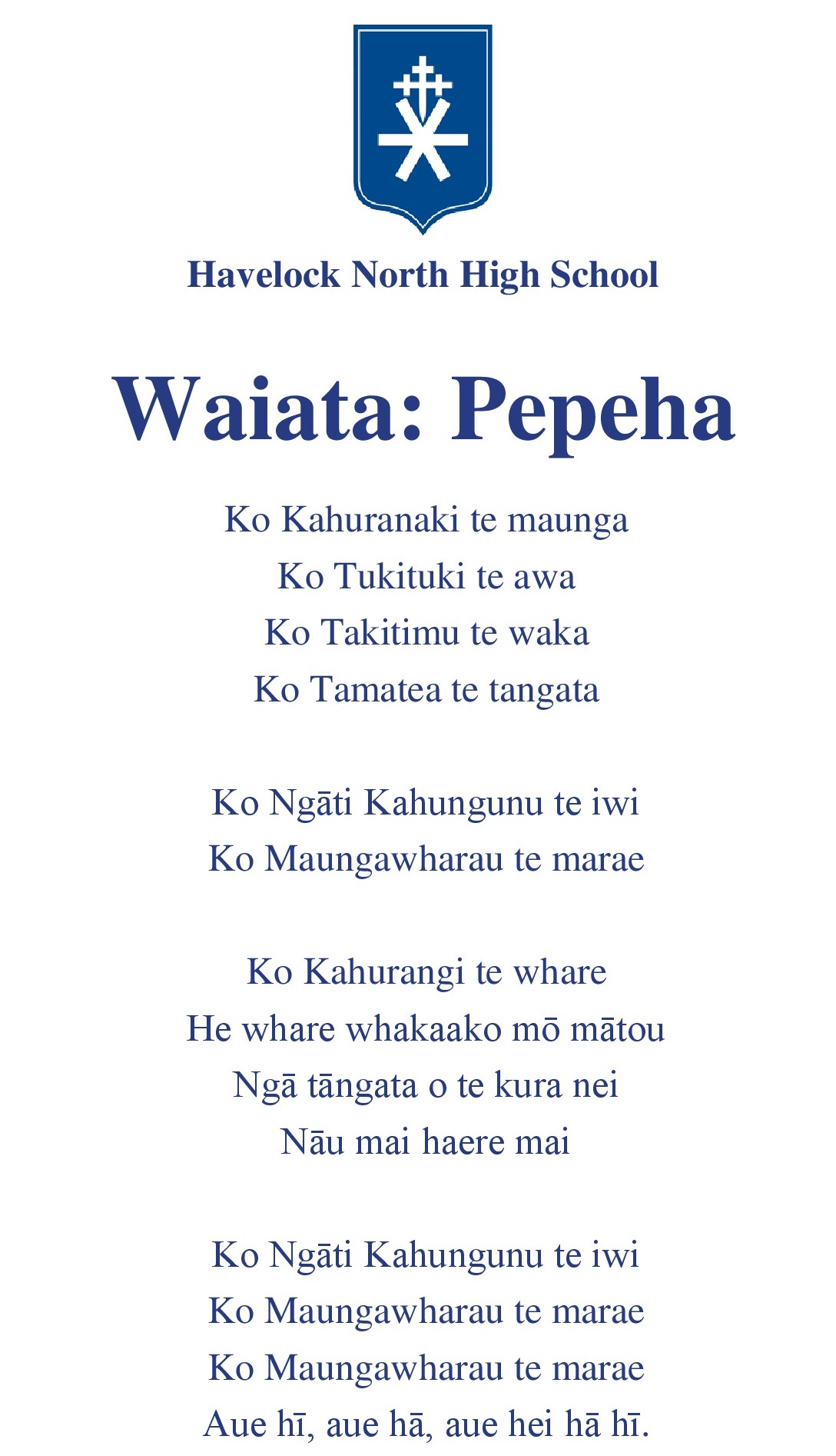 Havelock North High School - HNHS Waiata & Pepeha