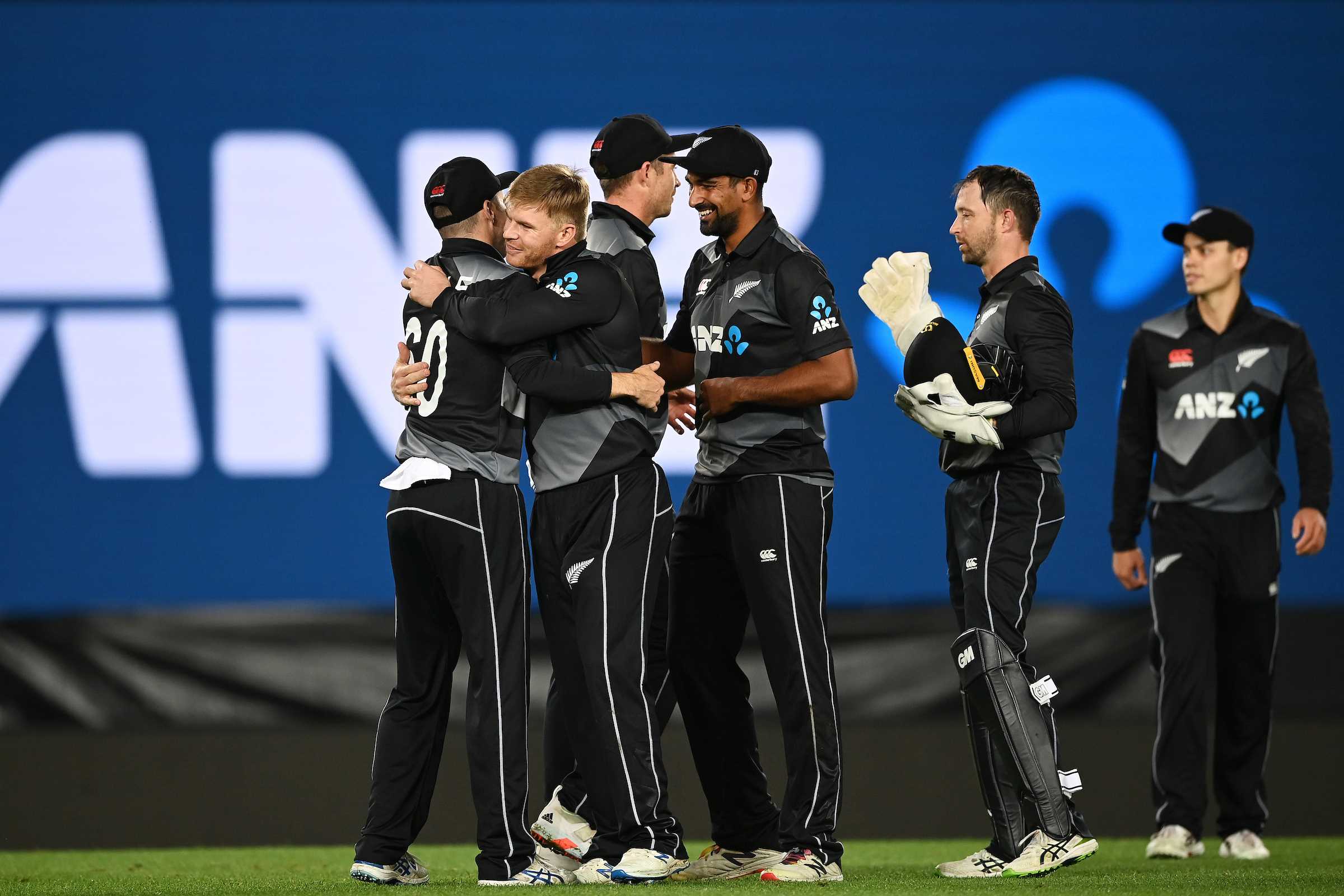 The Black Caps celebrate the win.
New Zealand Black Caps v Bangladesh International Twenty20 cricket match. Eden Park, Auckland, New Zealand. Thursday 1 April 2021. © Copyright photo: Andrew Cornaga / www.photosport.nz