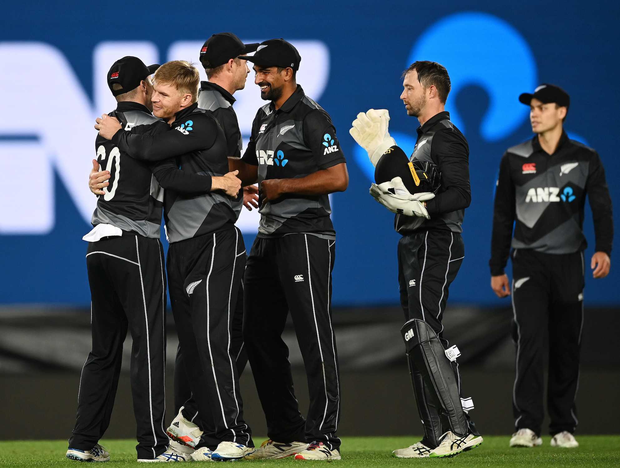 The Black Caps celebrate the win.
New Zealand Black Caps v Bangladesh International Twenty20 cricket match. Eden Park, Auckland, New Zealand. Thursday 1 April 2021. © Copyright photo: Andrew Cornaga / www.photosport.nz