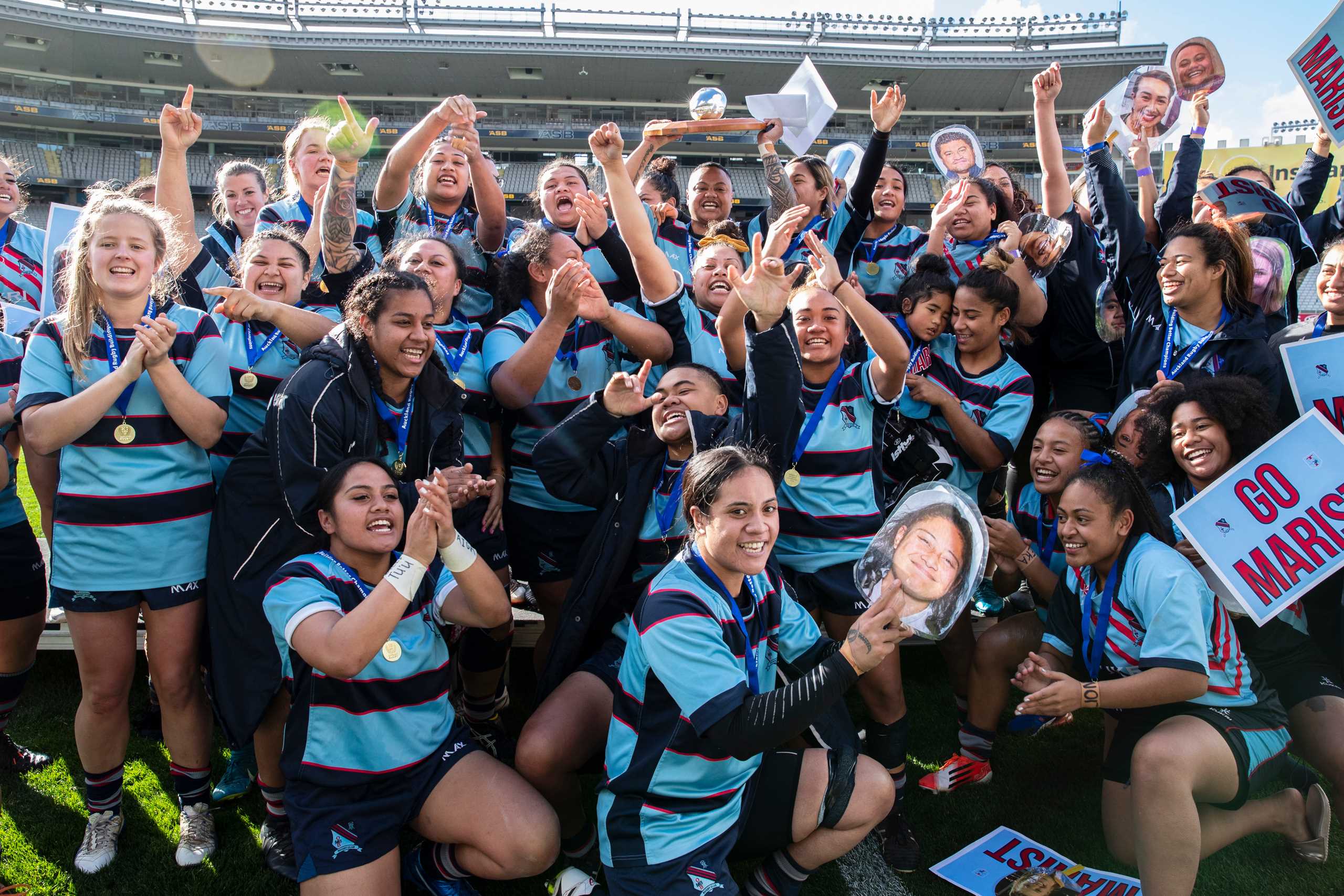 Marist celebrates their win against College Rifles, during the Auckland Rugby Union Premier Women’s Coleman Shield Final between College Rifles Thunderbirds and Marist, held at Eden Park.    20  July  2019
Copyright photo: Brett Phibbs / www.photosport.nz
