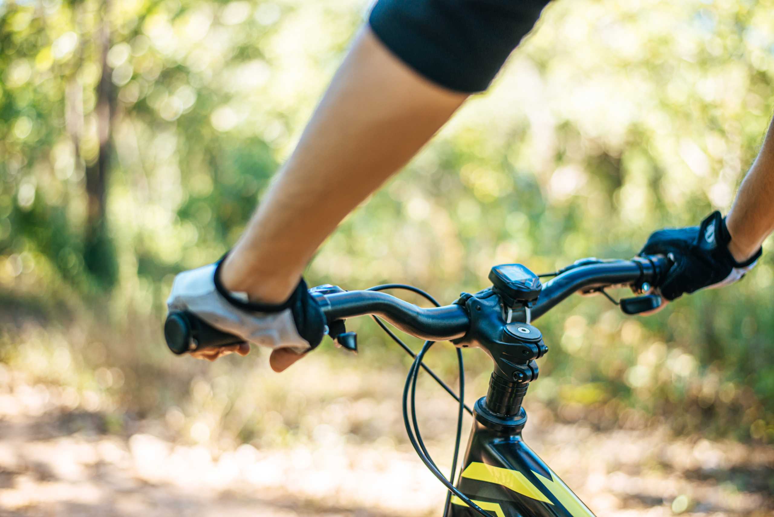Mountain cyclists grasp the bike handle, focusing on the bicycle neck