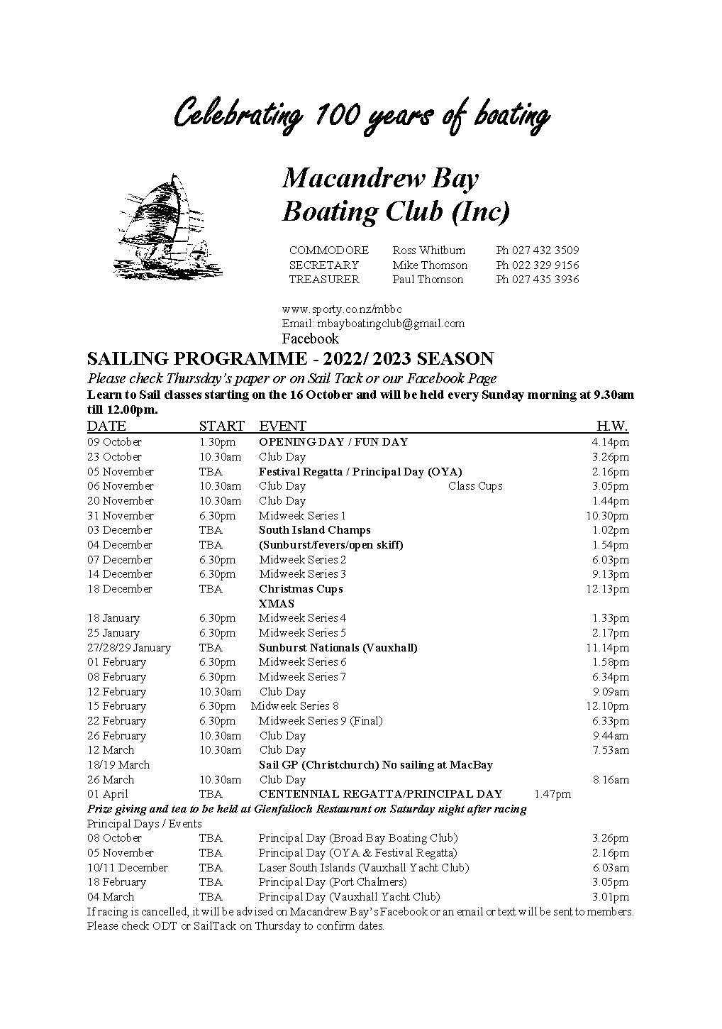 Macandrew Bay Boating Club - Sailing Programme 2022/2023 Macandrew Bay Boating Club - Sailing Programme 2022/2023
