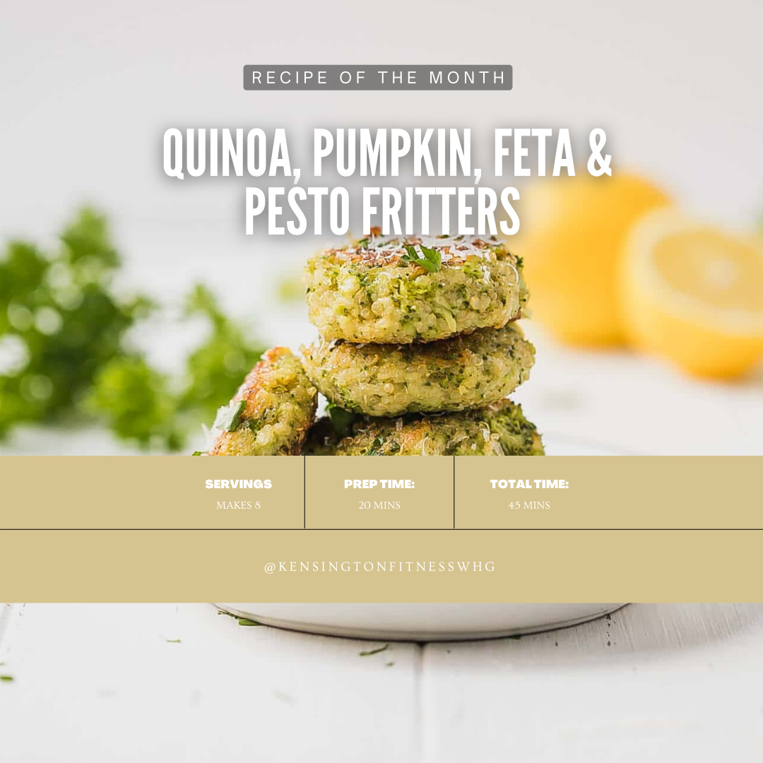 Quinoa, pumpkin, feta and pesto fritters