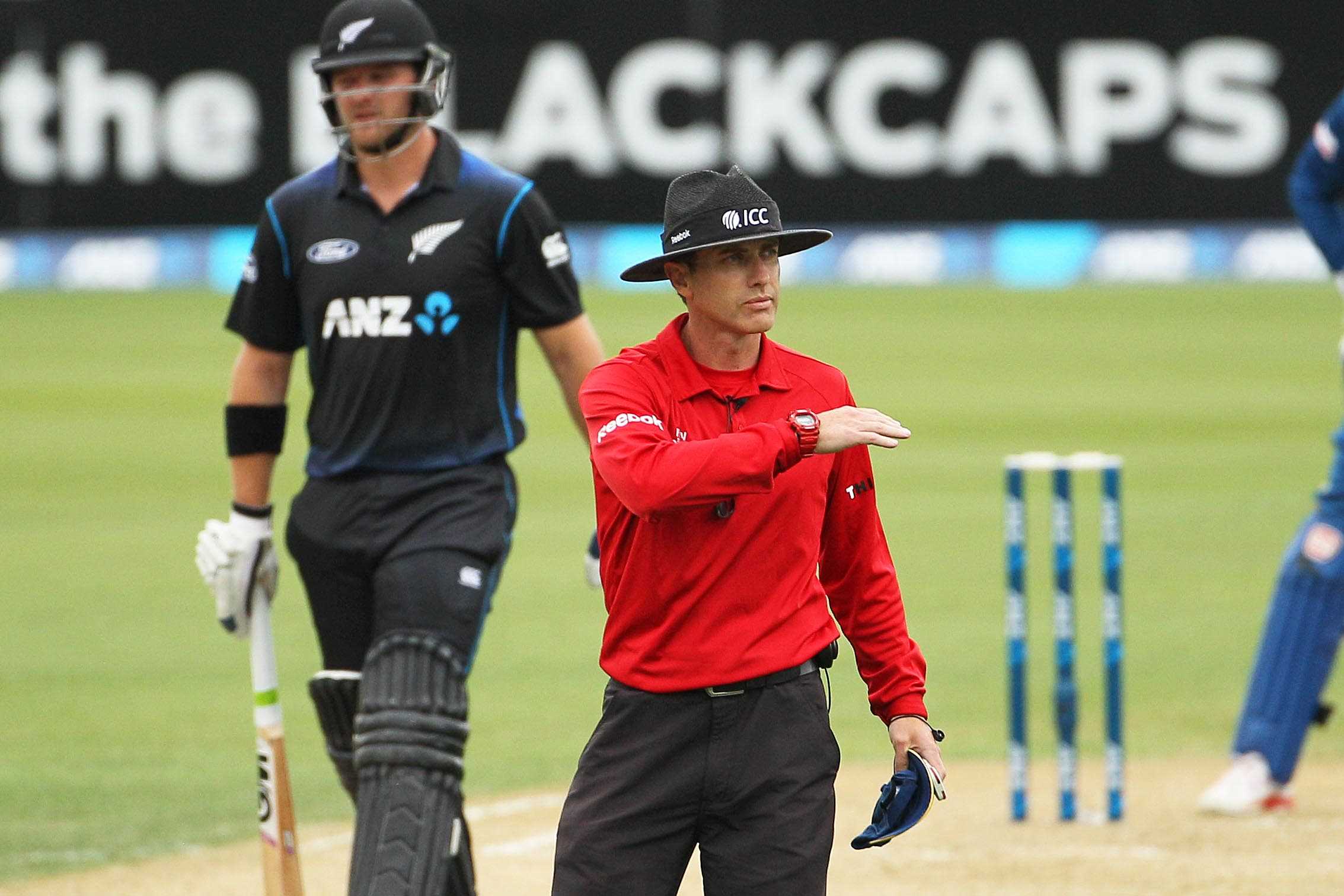 Umpire Chris Gaffaney signals a four off the bat of Corey Anderson of the Black Caps during the first ODI cricket game between the Black Caps v Sri Lanka at Hagley Oval, Christchurch. 11 January 2015 Photo: Joseph Johnson / www.photosport.co.nz