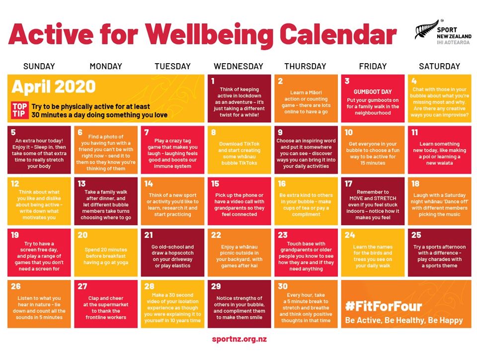 Active for Wellbeing Calendar for April 2020