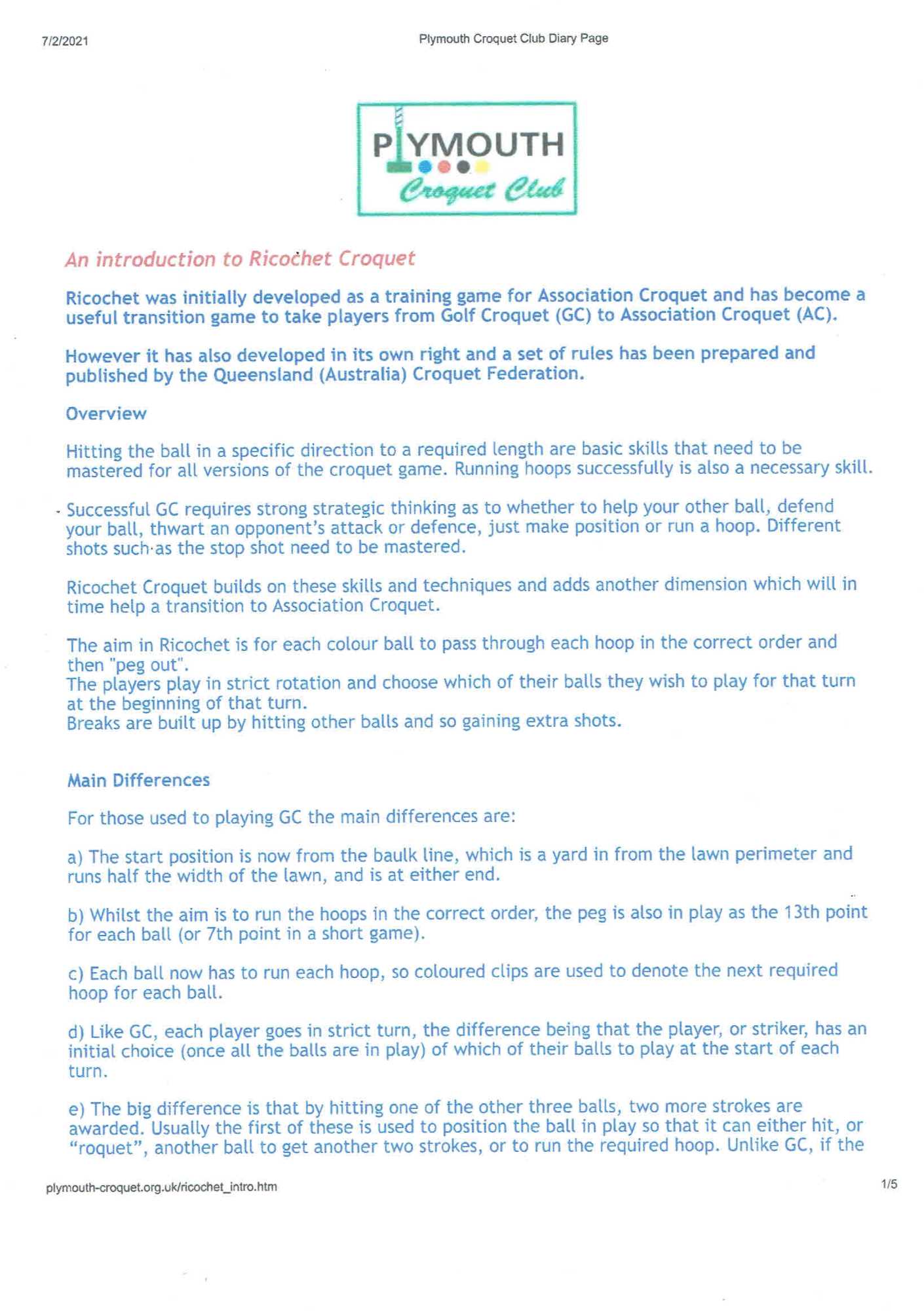 Carlton Croquet Club Ricochet Croquet Basic Rules