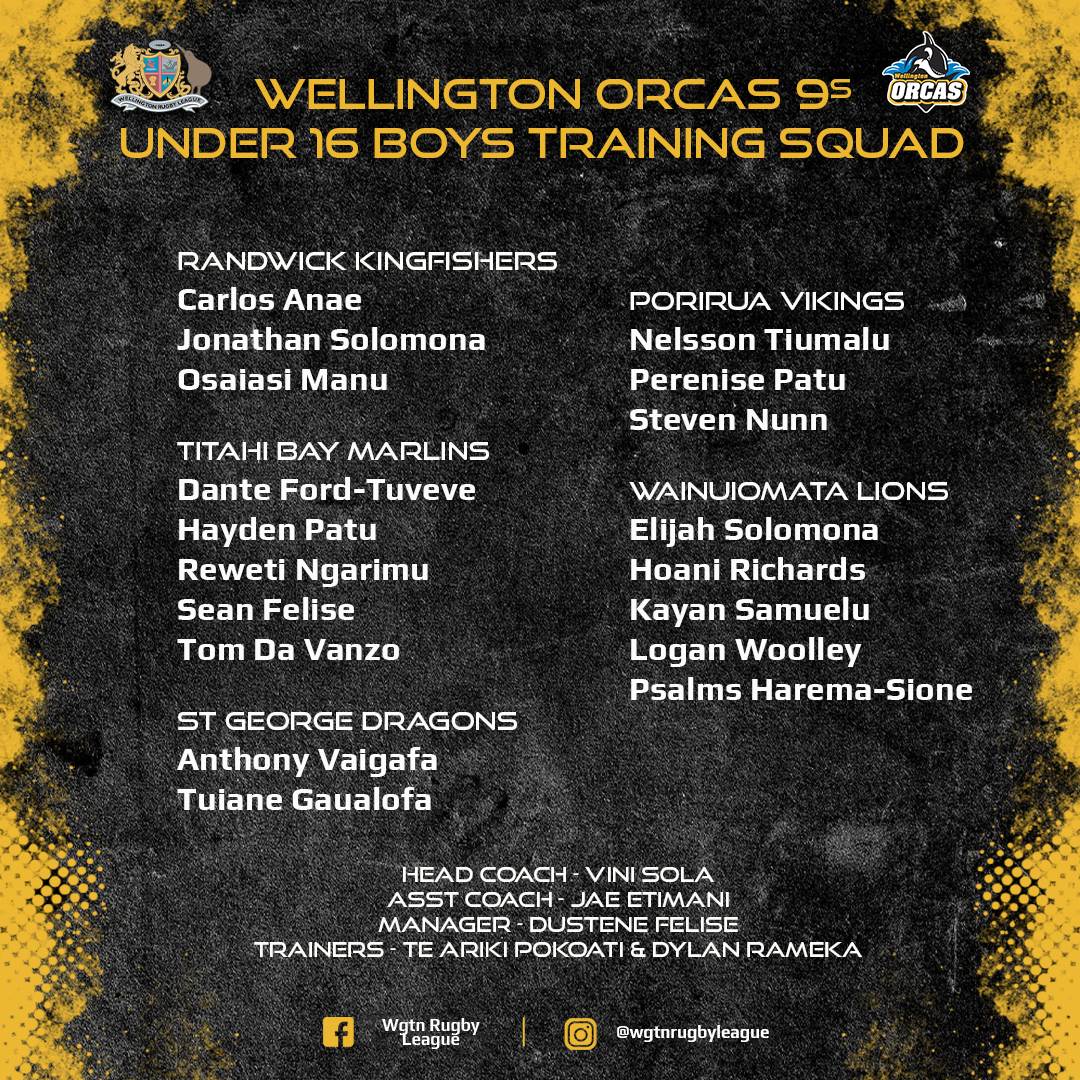 Under 16 and Under 18 Wellington Orcas 9s training squads announced