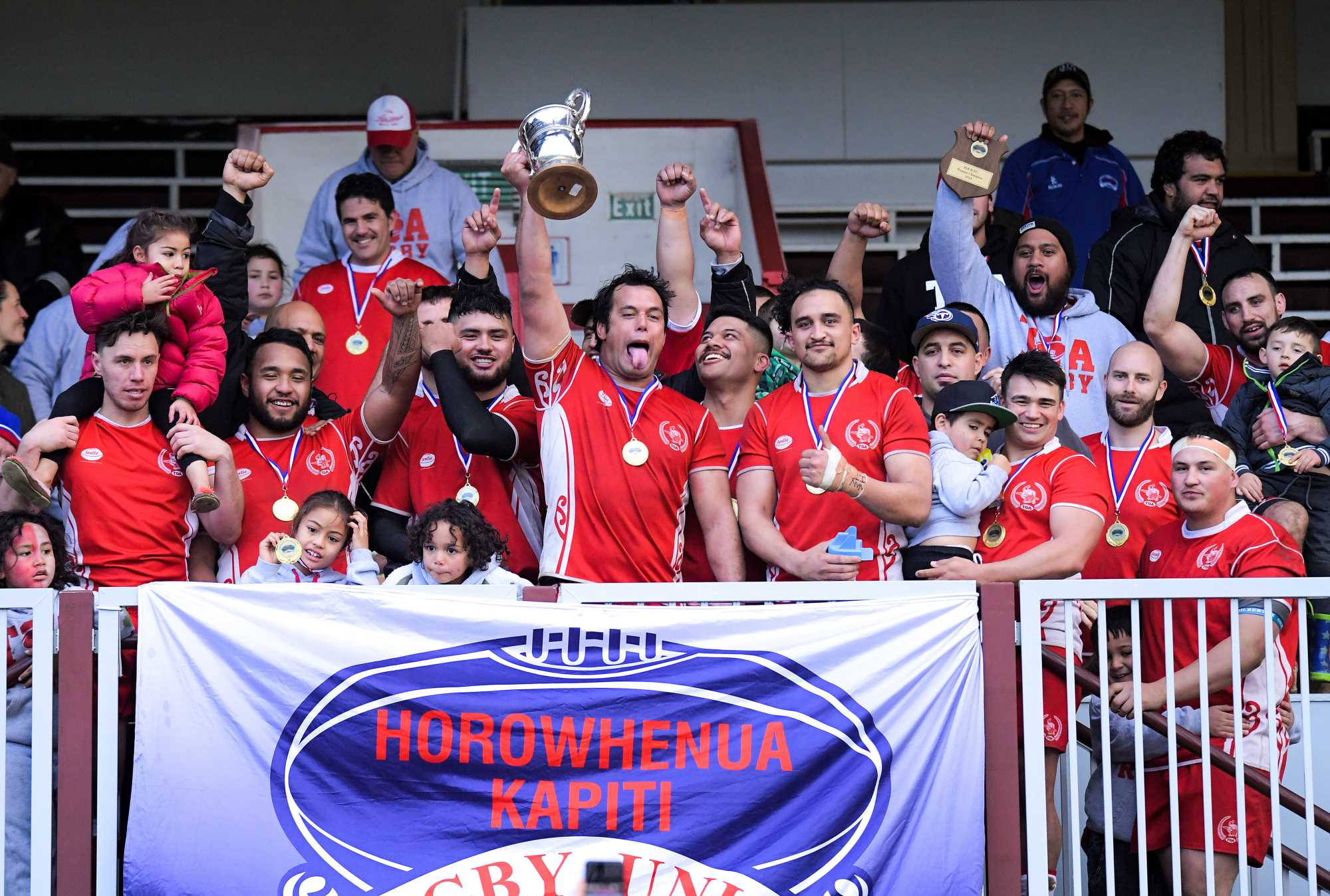 Toa celebrates winning the Horowhenua-Kapiti premier club rugby union final between Toa and Rahui at Levin Domain in Levin, New Zealand on Saturday, 28 July 2018. Photo: Dave Lintott / lintottphoto.co.nz