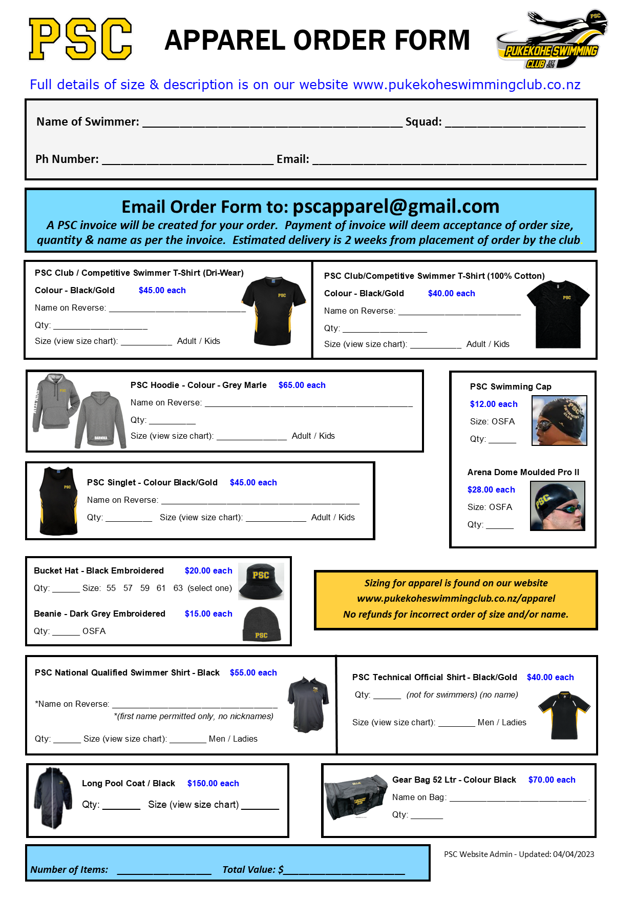 Pukekohe Swimming Club APPAREL