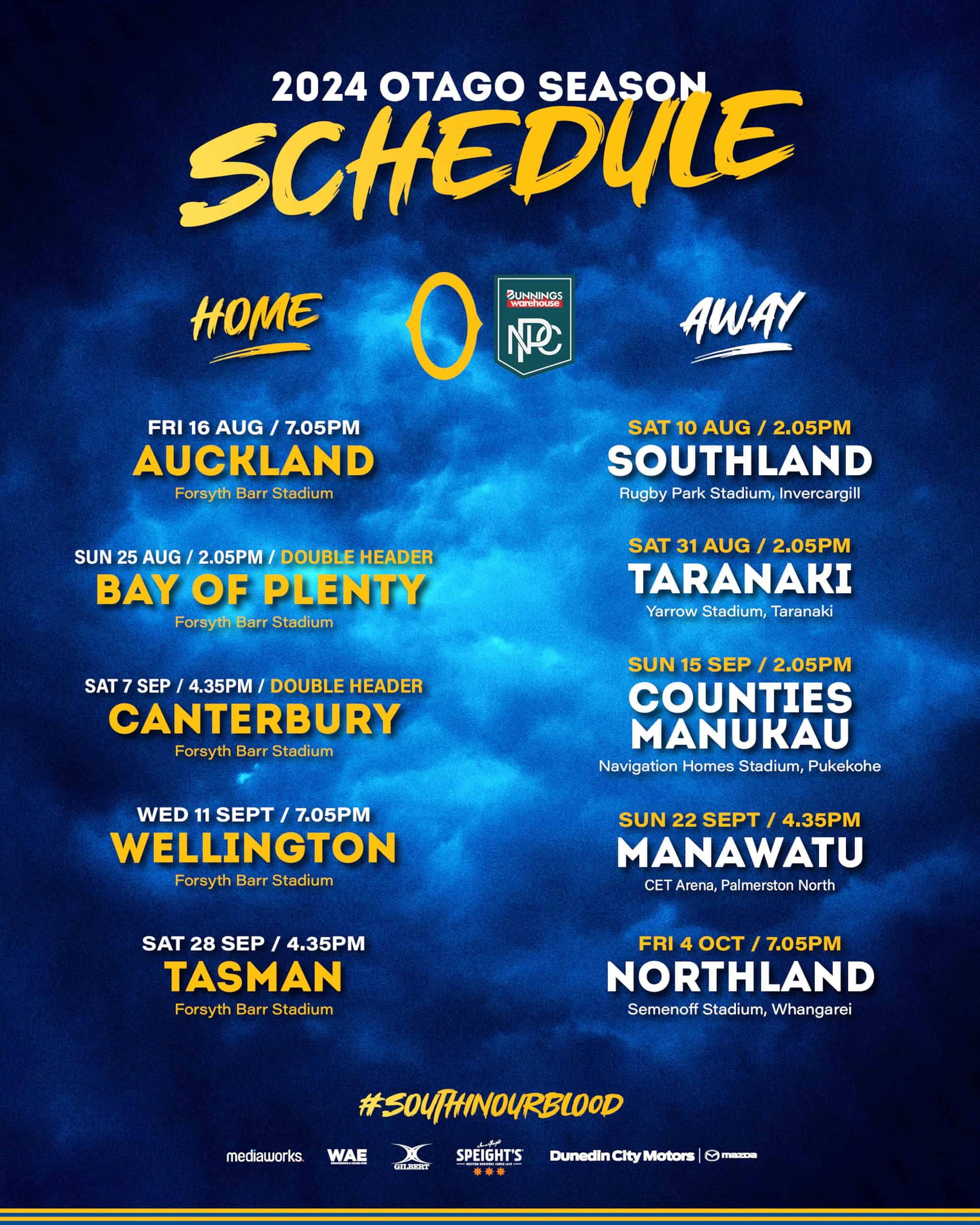 Otago Rugby Football Union Bunnings NPC Draw