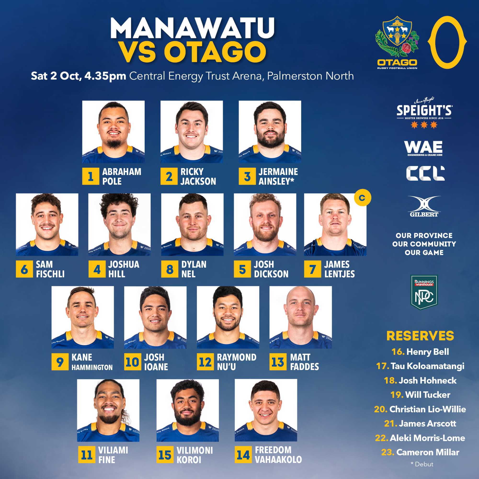 OTAGO TEAM NAMED TO PLAY MANAWATU THIS WEEKEND