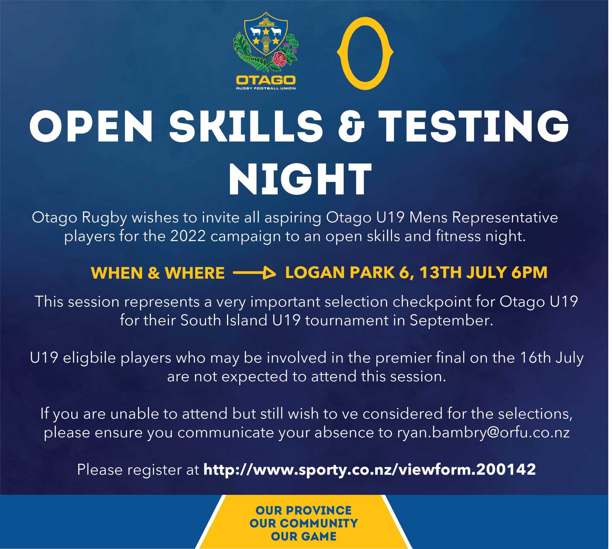 OPEN SKILLS TRAINING NIGHT FOR OTAGO U19 MEN