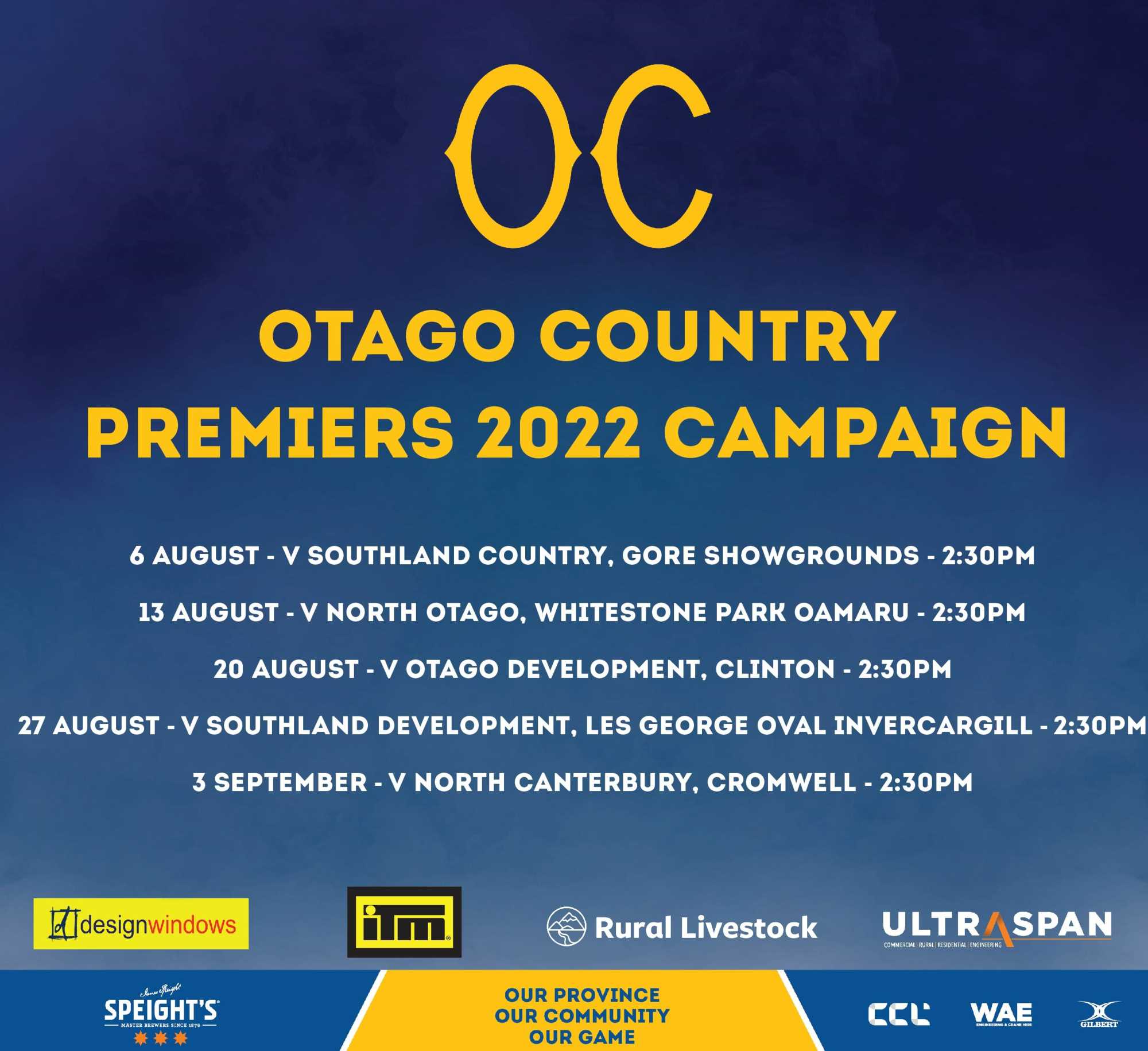 2022 OTAGO COUNTRY PREMIERS SCHEDULE
