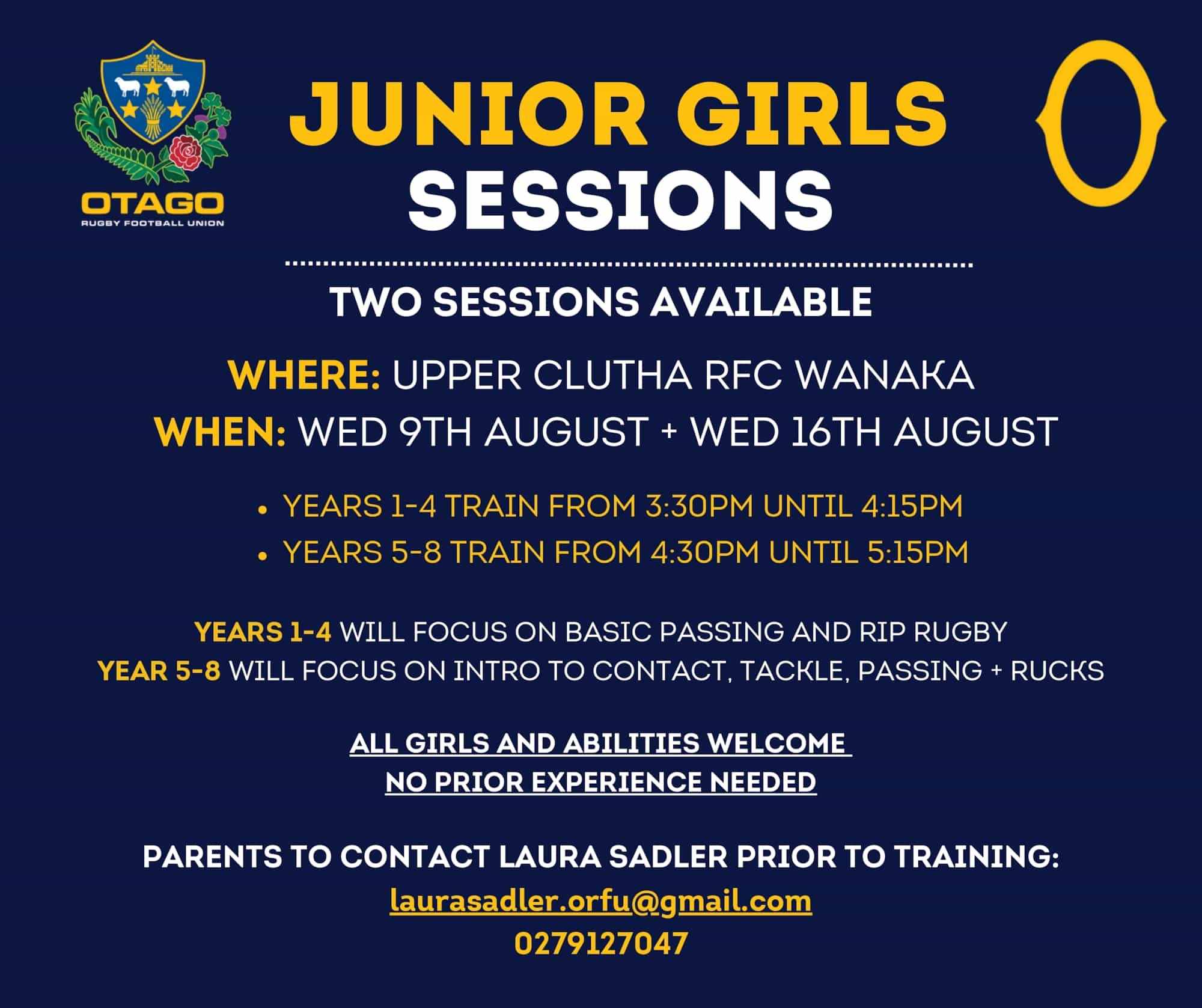 JUNIOR GIRLS RUGBY SESSIONS WANAKA