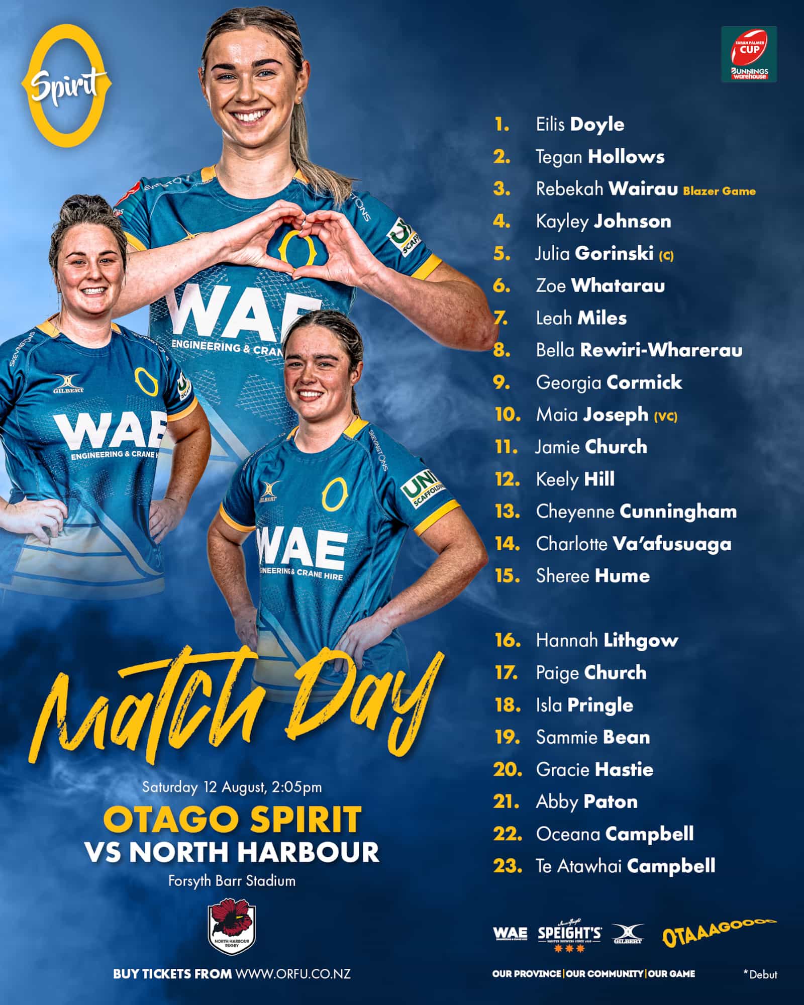 OTAGO SPIRIT TEAM NAMED TO PLAY NORTH HARBOUR AT HOME
