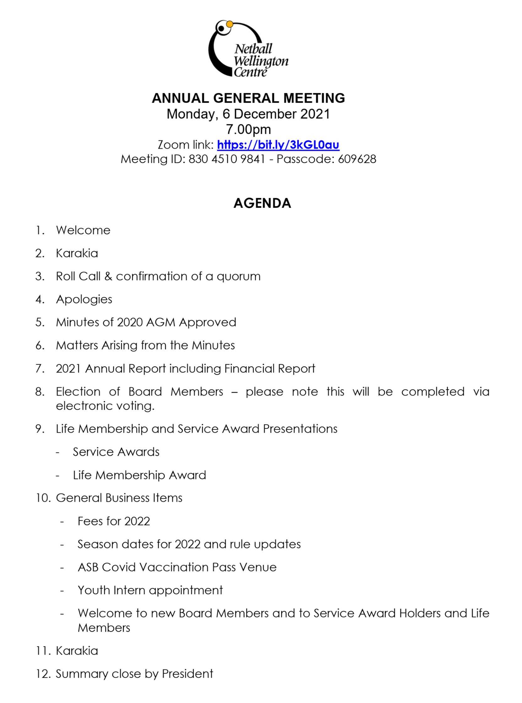 Netball Wellington Centre Annual General Meeting Netball Wellington Centre Annual General Meeting