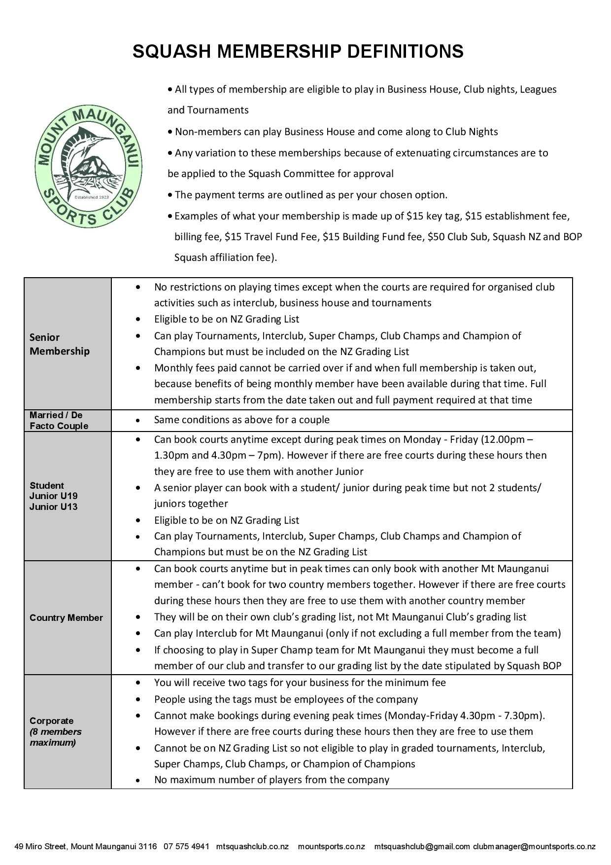 Mt Maunganui Squash Club Membership Types