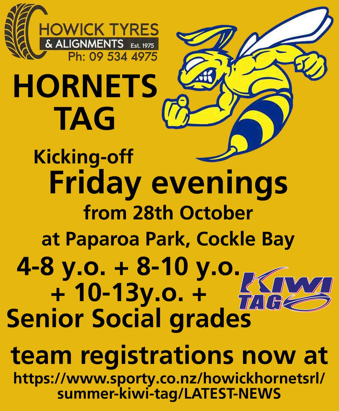 Howick Tyres Hornets Tag - Team Registrations open