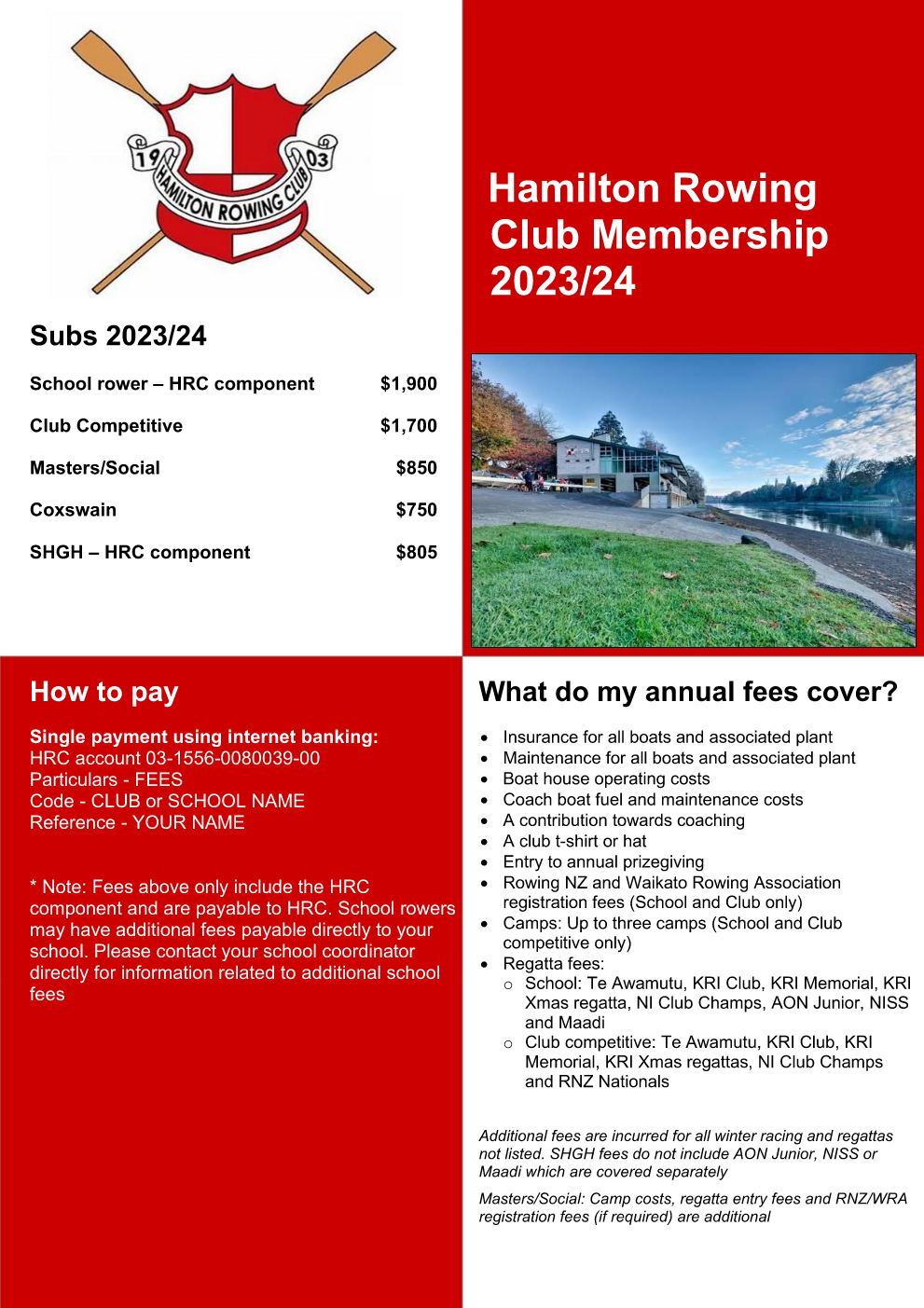 Hamilton Rowing Club - Fees