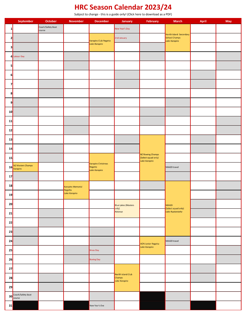 Hamilton Rowing Club Calendar