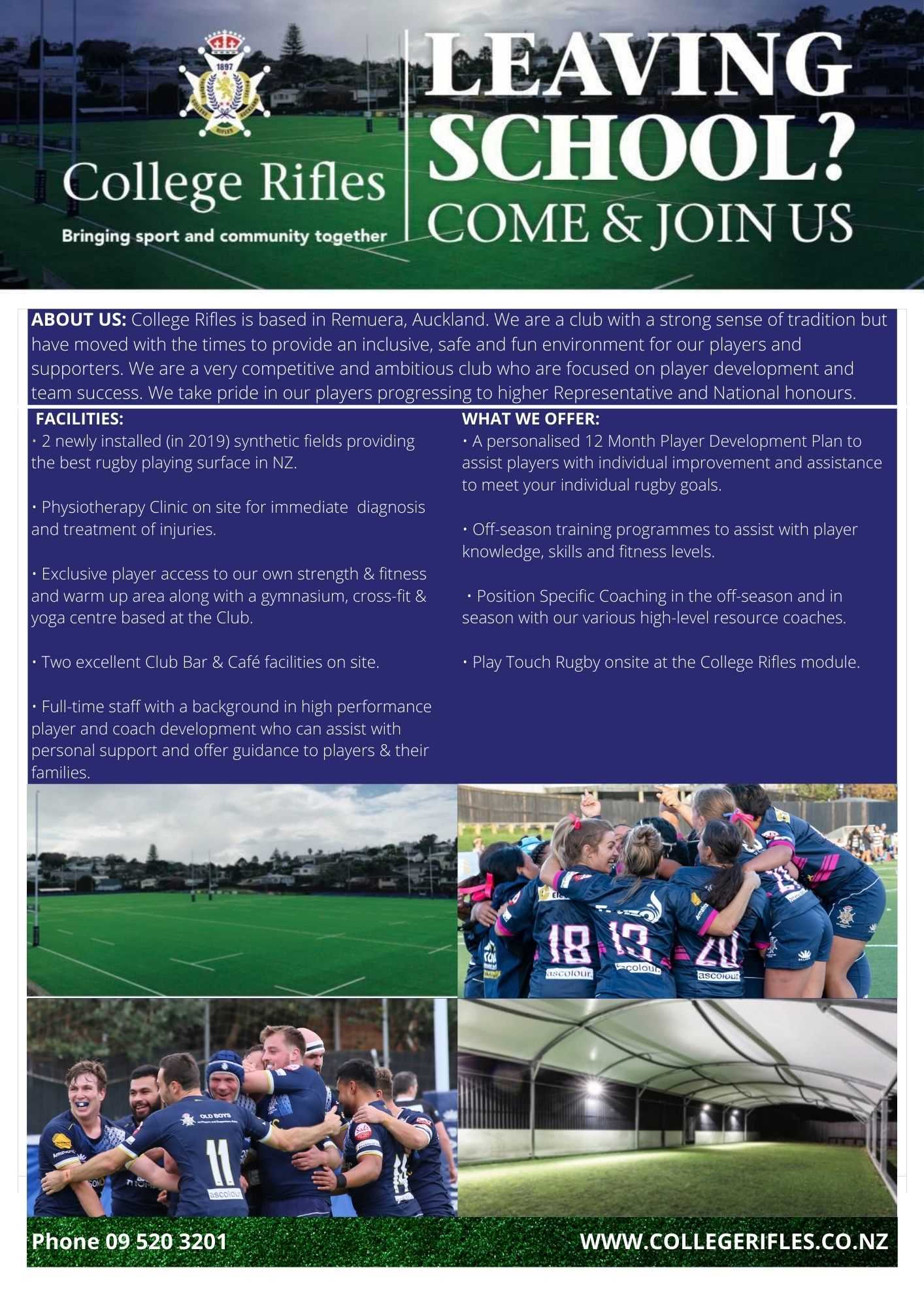 ABOUT US: College Rifles is based in Remuera, Auckland. We are a club with a strong sense of tradition but have moved with the times to provide an inclusive, safe and fun environment for our players and supporters. We are a very competitive and ambitious